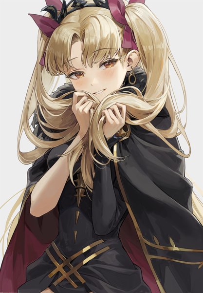 Anime picture 2000x2879 with fate (series) fate/grand order ereshkigal (fate) cotta (heleif) single long hair tall image blush highres simple background blonde hair smile upper body head tilt grey background orange eyes two side up holding hair girl earrings