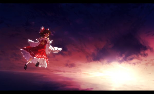 Anime picture 1250x770 with touhou hakurei reimu benitama single short hair open mouth wide image bare shoulders brown eyes sky cloud (clouds) sunlight evening sunset flying miko girl bow hair bow detached sleeves