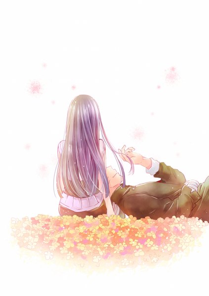 Anime picture 1000x1419 with naruto studio pierrot naruto (series) uzumaki naruto hyuuga hinata ting long hair tall image simple background smile white background sitting purple hair lying profile arm up from behind arm support on back couple