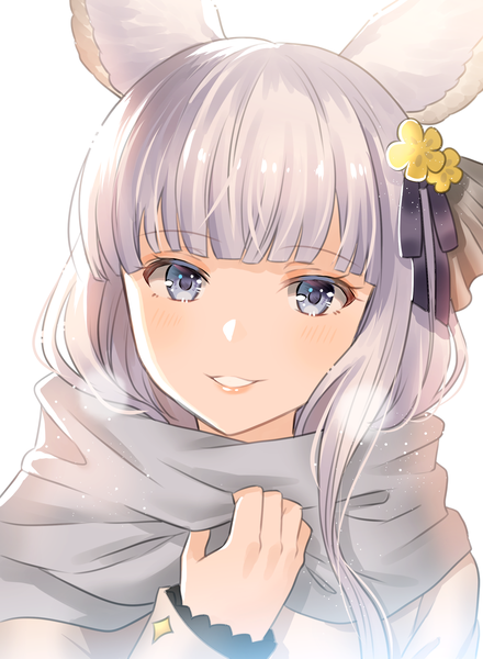 Anime picture 2000x2728 with granblue fantasy korwa (granblue fantasy) myusha single long hair tall image blush fringe highres blue eyes simple background white background animal ears silver hair upper body blunt bangs parted lips portrait erune girl