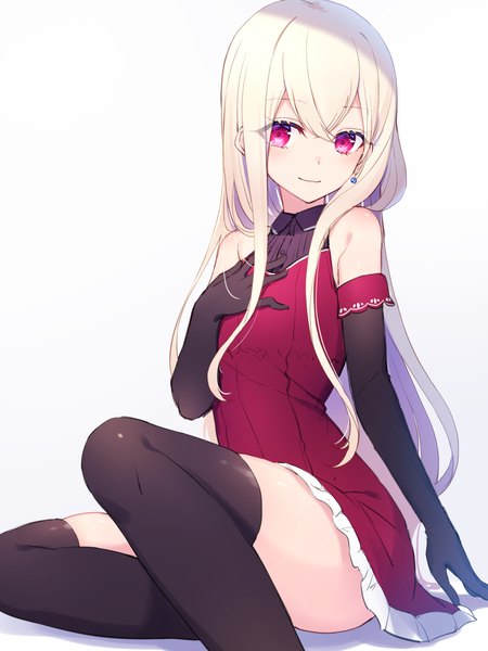 Anime picture 1350x1800 with original nishino eri single long hair tall image looking at viewer blush fringe simple background blonde hair smile sitting bare shoulders bent knee (knees) pink eyes hand on chest frilled dress girl thighhighs dress
