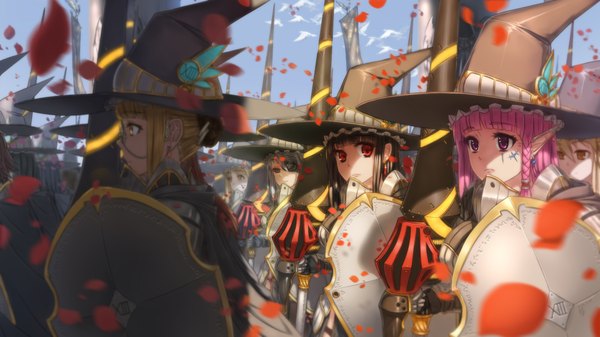 Anime picture 1920x1080 with original qingmingtongzi long hair highres black hair blonde hair red eyes wide image purple eyes multiple girls pink hair pointy ears 6+ girls army girl petals witch hat shield