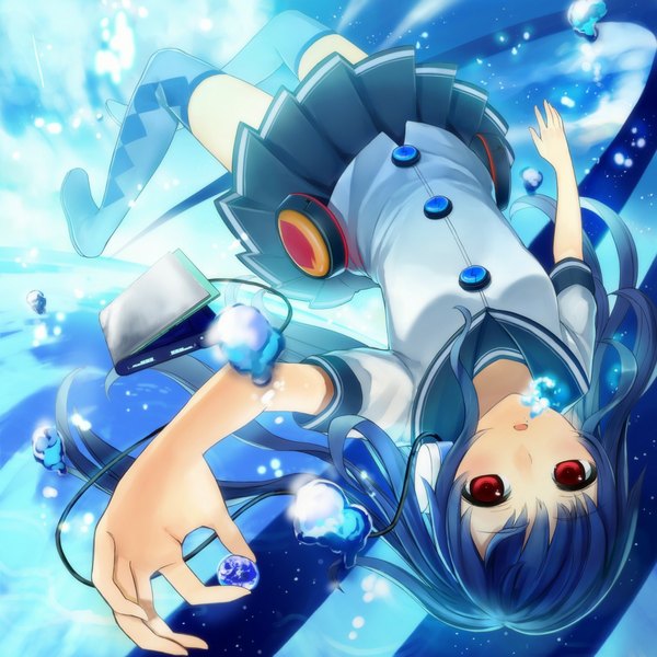 Anime picture 1024x1024 with original ichiko oharu (artist) single long hair red eyes blue hair underwater girl thighhighs skirt miniskirt headphones bubble (bubbles)