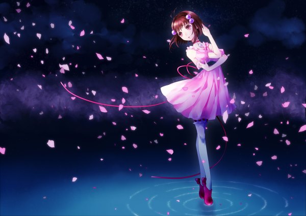 Anime picture 1200x850 with tales of (series) tales of destiny 2 reala three plates (artist) single short hair brown hair brown eyes girl petals water