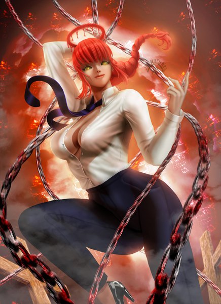 Anime picture 1600x2200 with chainsaw man mappa makima (chainsaw man) jaeharuart single long hair tall image looking at viewer fringe breasts light erotic smile large breasts standing signed yellow eyes payot cleavage bent knee (knees) red hair