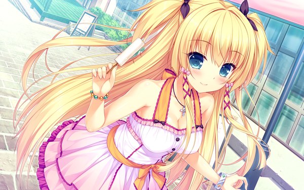 Anime picture 1280x800 with boku to koi suru ponkotsu akuma. fujima emiri sayori single long hair looking at viewer blush blue eyes blonde hair smile game cg girl dress bow ribbon (ribbons) hair bow hair ribbon