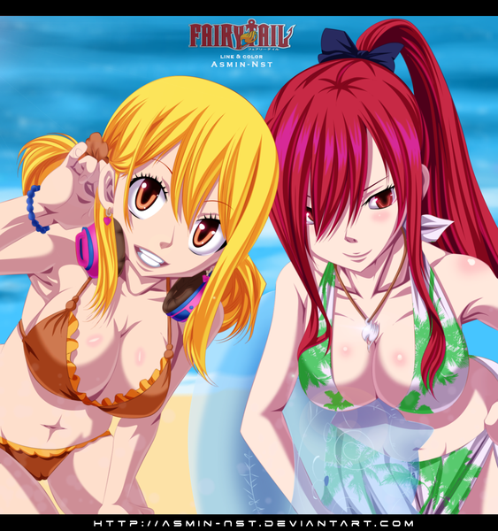 Anime picture 1500x1598 with fairy tail lucy heartfilia erza scarlet iitheluciferii long hair tall image blush breasts light erotic blonde hair smile red eyes large breasts twintails brown eyes ponytail red hair inscription copyright name grin
