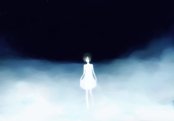 Anime picture 2143x1500 with original kotori (artist) single highres short hair black hair black eyes night sky fog girl sundress