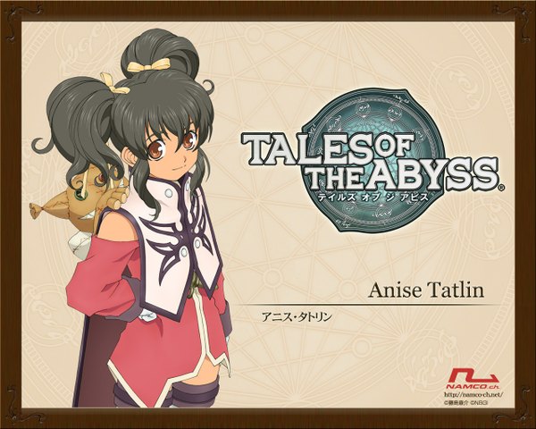 Anime picture 1280x1024 with tales of (series) tales of the abyss anise tatlin tokunaga single looking at viewer fringe short hair black hair hair between eyes standing twintails brown eyes light smile copyright name character names hand on hip framed girl