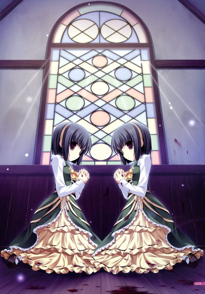 Anime picture 2513x3600 with midori no umi rikuno sorane yukie (peach candy) tall image highres short hair black hair purple eyes multiple girls scan girl dress 2 girls hairband blood