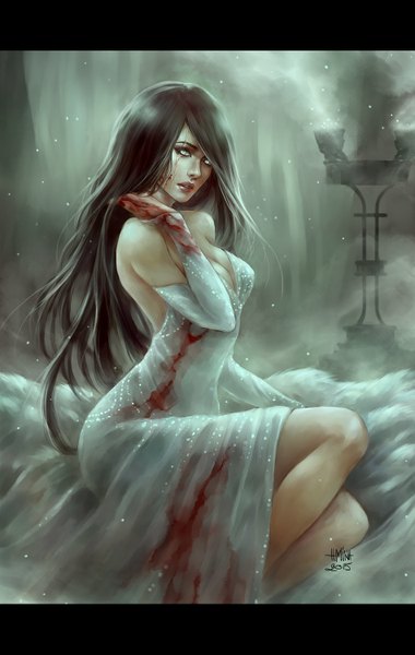 Anime picture 950x1500 with original nanfe single long hair tall image black hair sitting bare shoulders bent knee (knees) facial mark letterboxed smoke bloody clothes blood stains girl dress detached sleeves white dress blood