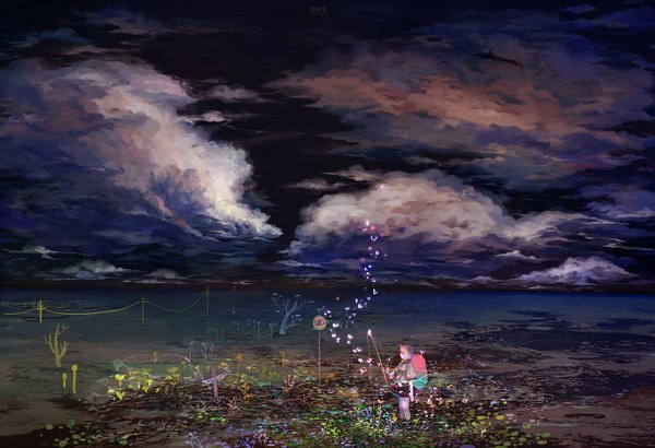 Anime picture 1462x1000 with original sarnath long hair blonde hair purple eyes sky cloud (clouds) horn (horns) girl skirt plant (plants) water insect butterfly water lily