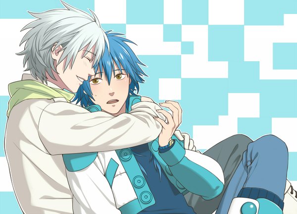 Anime picture 1000x720 with dramatical murder nitro+chiral aoba (dmmd) clear (dmmd) long hair short hair open mouth yellow eyes blue hair silver hair eyes closed multiple boys hug shounen ai boy jacket scarf 2 boys