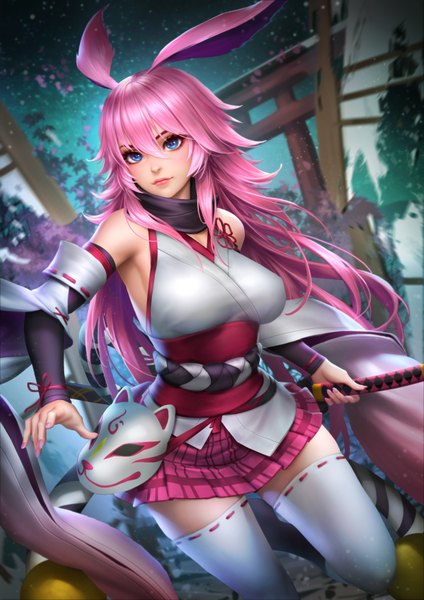 Anime picture 2480x3508 with honkai impact 3rd benghuai xueyuan honkai (series) yae sakura nudtawut thongmai single long hair tall image looking at viewer blush fringe highres breasts blue eyes hair between eyes standing animal ears payot pink hair bent knee (knees)