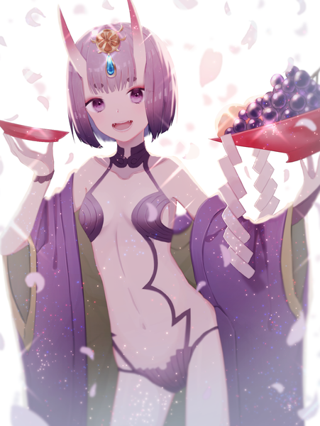 Anime picture 1356x1803 with fate (series) fate/grand order shuten douji (fate) umeko 208 single tall image looking at viewer fringe short hair open mouth light erotic purple eyes holding purple hair blunt bangs traditional clothes :d japanese clothes horn (horns) sparkle