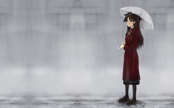 Anime picture 1920x1200 with fate (series) fate/stay night studio deen type-moon toosaka rin single long hair looking at viewer highres open mouth black hair simple background wide image standing green eyes grey background two side up transparent umbrella girl bow