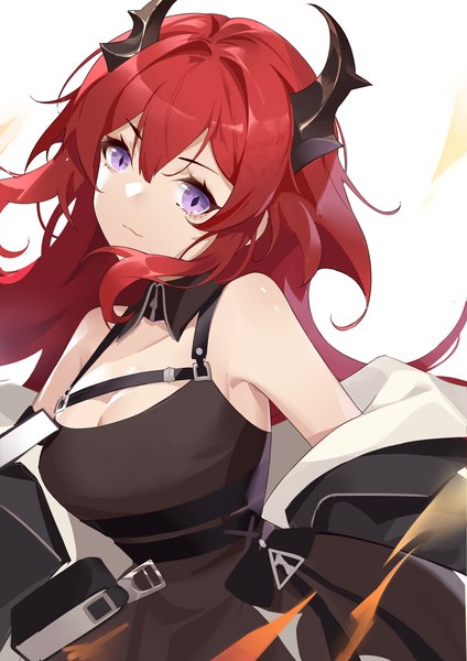 Anime picture 1395x1973 with arknights surtr (arknights) woodylixx single long hair tall image looking at viewer fringe breasts light erotic hair between eyes purple eyes cleavage upper body red hair head tilt horn (horns) girl dress black dress