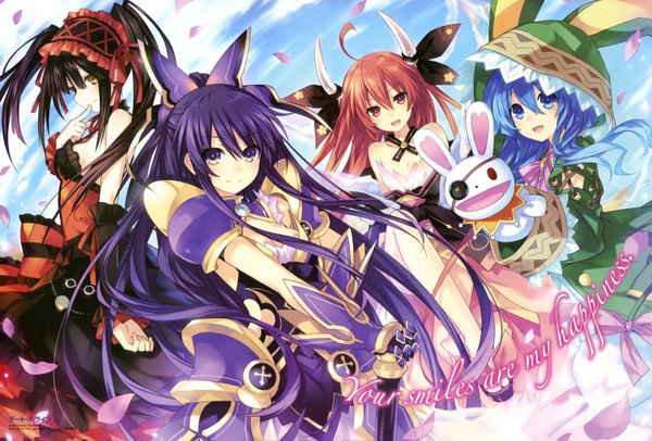 Anime picture 6024x4086 with date a live tokisaki kurumi yatogami tooka itsuka kotori yoshino (date a live) yoshinon tsunako long hair highres blue eyes black hair red eyes purple eyes multiple girls blue hair absurdres purple hair red hair horn (horns) official art