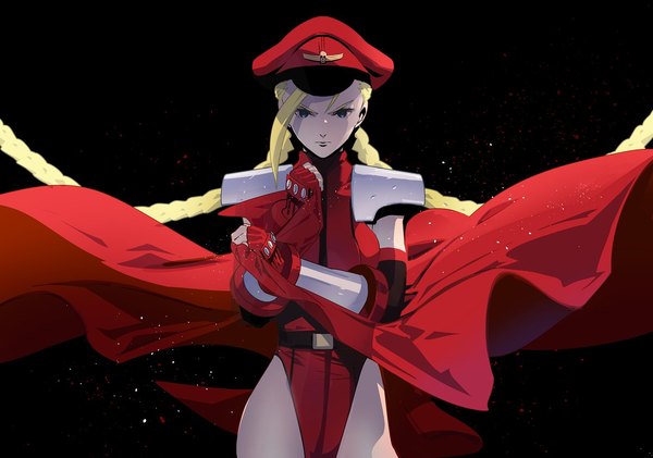 Anime picture 1416x993 with street fighter capcom cammy white m bison cofffee single looking at viewer blue eyes light erotic simple background blonde hair standing braid (braids) very long hair twin braids black background cosplay serious m bison (cosplay) girl