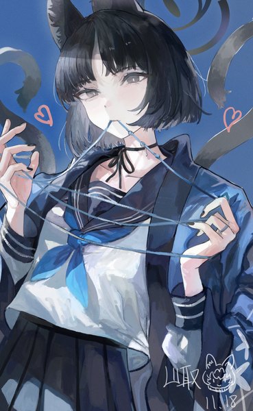Anime picture 3742x6085 with blue archive kikyou (blue archive) yamatori single tall image highres short hair black hair simple background holding signed animal ears absurdres tail nail polish animal tail black eyes cat ears cat girl cat tail