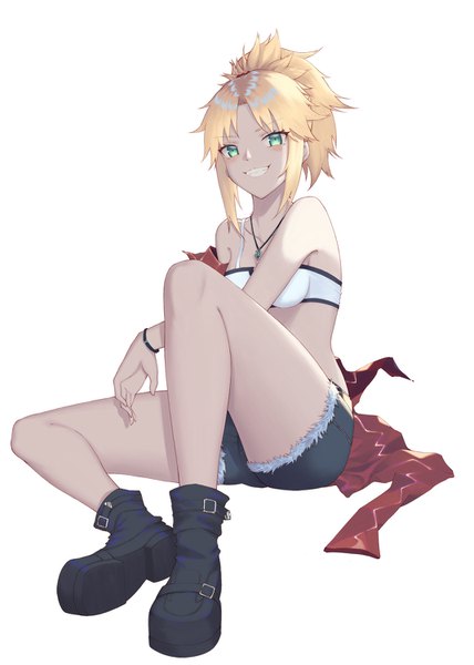 Anime picture 1070x1500 with fate (series) fate/grand order mordred (fate) bilibilida single tall image short hair simple background blonde hair smile white background sitting green eyes payot full body ponytail grin girl shorts boots