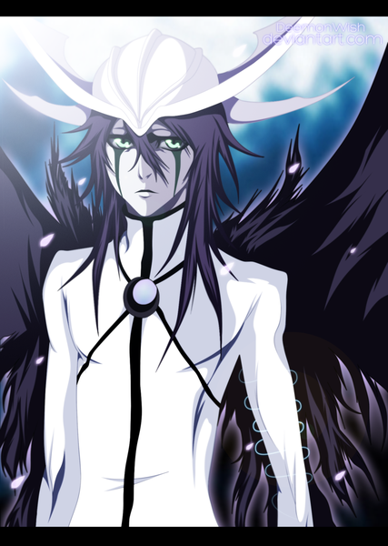 Anime picture 1425x2000 with bleach studio pierrot ulquiorra schiffer schwarrtz single long hair tall image black hair green eyes signed japanese clothes coloring light letterboxed pale skin face paint espada boy wings kimono