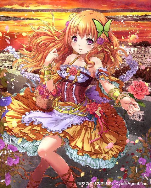 Anime picture 800x1000 with tenkuu no crystalia sakiyamama single long hair tall image looking at viewer blush fringe open mouth hair between eyes standing purple eyes bare shoulders holding sky cloud (clouds) outdoors hair flower wind orange hair