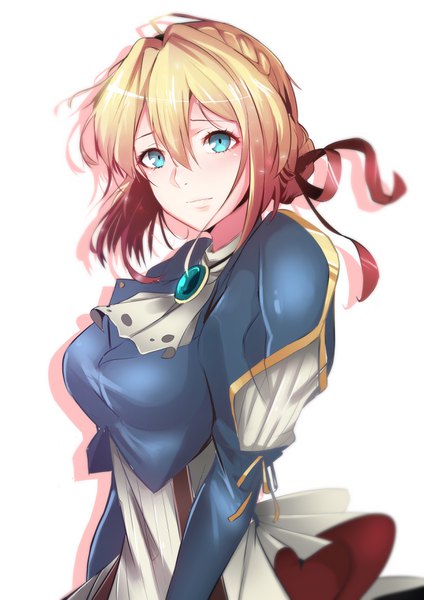 Anime picture 2480x3508 with violet evergarden kyoto animation violet evergarden (character) homuntan single tall image fringe highres short hair blue eyes simple background blonde hair hair between eyes white background upper body girl ribbon (ribbons) hair ribbon