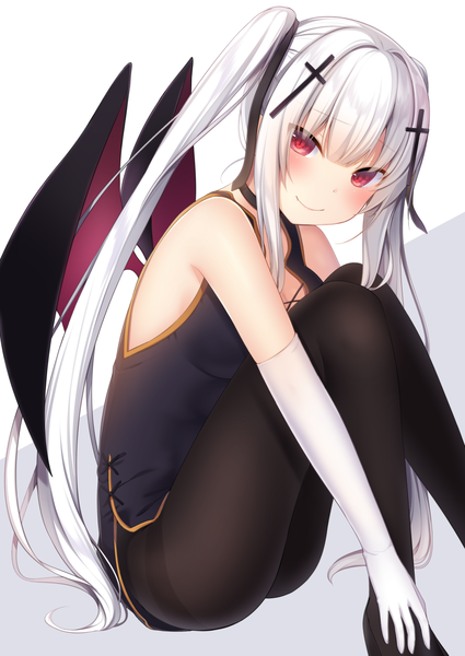 Anime picture 1300x1837 with original nachi single long hair tall image looking at viewer blush fringe breasts light erotic simple background smile hair between eyes red eyes sitting twintails payot white hair slit pupils demon wings