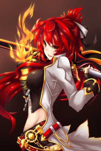 Anime picture 1370x2055 with elsword elesis (elsword) blazing heart (elsword) fi-san single long hair tall image looking at viewer open mouth red hair midriff orange eyes brown background girl ribbon (ribbons) weapon hair ribbon sword fire