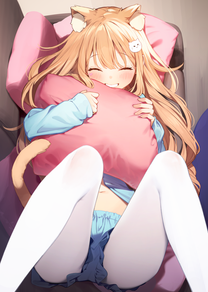Anime picture 1786x2505 with original nyum single long hair tall image blush fringe highres blonde hair smile animal ears bent knee (knees) indoors tail lying eyes closed long sleeves animal tail from above cat ears