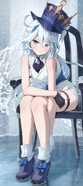 Anime picture 1612x3600 with genshin impact furina (genshin impact) hidulume single long hair tall image looking at viewer blush fringe blue eyes smile hair between eyes sitting bare shoulders full body white hair multicolored hair two-tone hair girl gloves