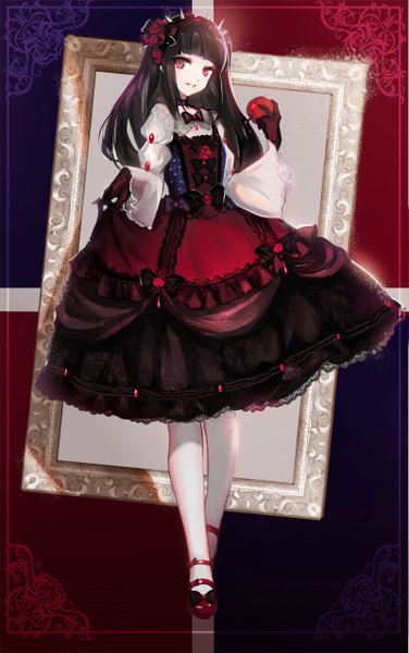 Anime picture 800x1275 with original juexing (moemoe3345) single long hair tall image looking at viewer fringe open mouth black hair smile red eyes holding long sleeves wide sleeves lolita fashion goth-loli gothic girl dress gloves