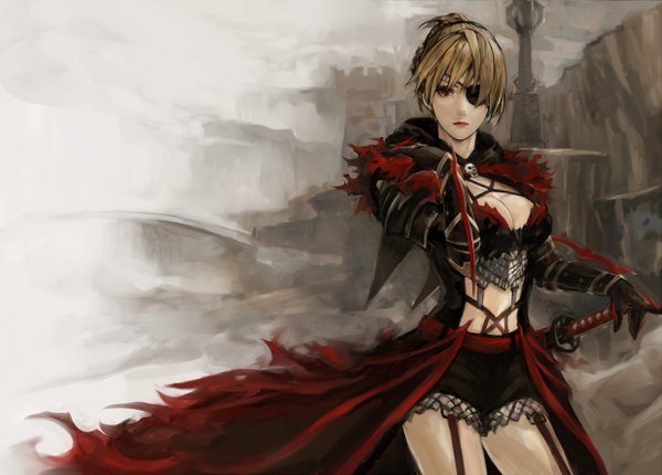 Anime picture 1237x888 with fantasy earth zero opiu (artist) single breasts light erotic blonde hair red eyes cleavage sheathed girl gloves weapon sword katana building (buildings) garter straps cape cloak eyepatch gauntlets
