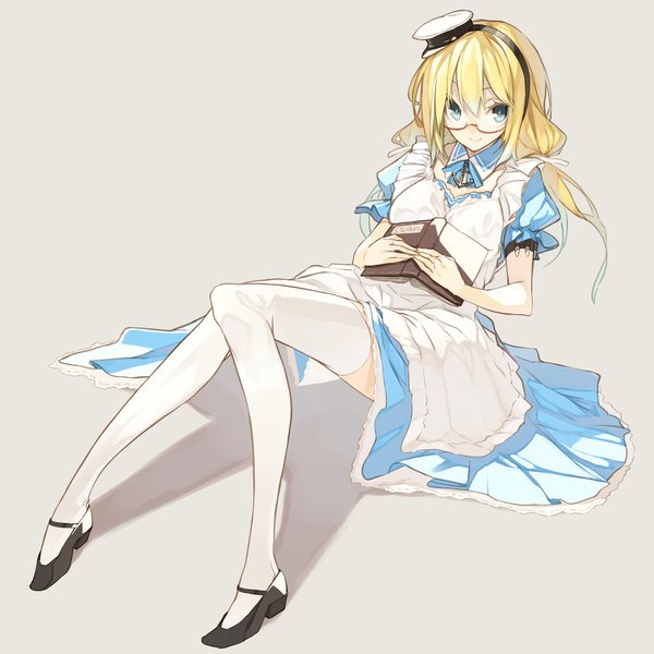 Anime picture 1500x1500 with kantai collection i-8 submarine senmu single long hair looking at viewer blue eyes blonde hair simple background smile sitting twintails alternate costume girl thighhighs dress ribbon (ribbons) hair ribbon hat white thighhighs