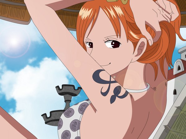 Anime picture 2048x1536 with one piece toei animation nami (one piece) single looking at viewer highres short hair black hair smile sky cloud (clouds) tattoo wallpaper arms behind head polka dot girl bikini top