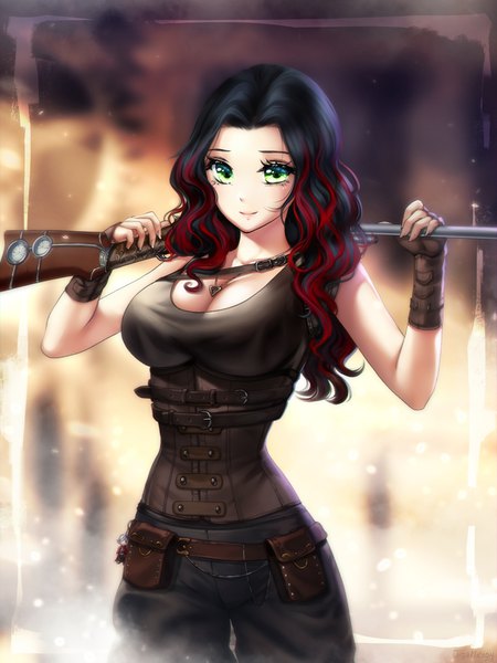 Anime picture 750x1000 with original gigamessy single long hair tall image looking at viewer blush breasts black hair smile large breasts holding green eyes red hair multicolored hair blurry two-tone hair border wavy hair weapon over shoulder