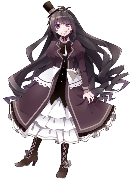 Anime picture 1098x1500 with original sakura yuki (clochette) single long hair tall image looking at viewer black hair purple eyes grin transparent background girl dress hat
