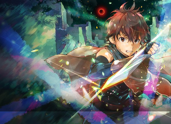 Anime picture 1500x1085 with hai to gensou no grimgar a-1 pictures haruhiro (grimgar) single fringe short hair hair between eyes brown hair brown eyes looking away official art sweat ruins red moon boy gloves weapon fingerless gloves moon cape