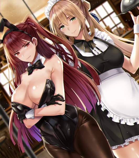 Anime picture 1166x1321 with girls frontline wa2000 (girls frontline) m1903 springfield (girls frontline) nicky w long hair tall image looking at viewer blush fringe breasts light erotic blonde hair smile hair between eyes red eyes brown hair large breasts standing multiple girls green eyes