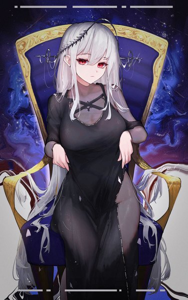 Anime-Bild 1531x2436 mit arknights skadi (arknights) skadi the corrupting heart (arknights) leria v single tall image looking at viewer fringe hair between eyes red eyes sitting signed silver hair very long hair from above alternate costume side slit girl dress hair ornament