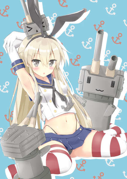 Anime picture 764x1080 with kantai collection shimakaze destroyer rensouhou-chan mirea long hair tall image looking at viewer blush fringe light erotic simple background blonde hair hair between eyes sitting animal ears payot bent knee (knees) head tilt pleated skirt bare belly