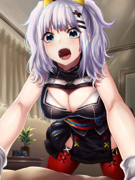 Anime picture 1470x1960 with virtual youtuber the moon studio kaguya luna hikari (komitiookami) single tall image blush fringe short hair breasts open mouth blue eyes light erotic large breasts twintails cleavage teeth shadow leaning leaning forward