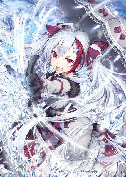 Anime picture 643x900 with shinkai no valkyrie primila (shinkai no valkyrie) akkijin single tall image looking at viewer fringe open mouth hair between eyes red eyes standing twintails silver hair ahoge ass long sleeves very long hair multicolored hair two-tone hair official art