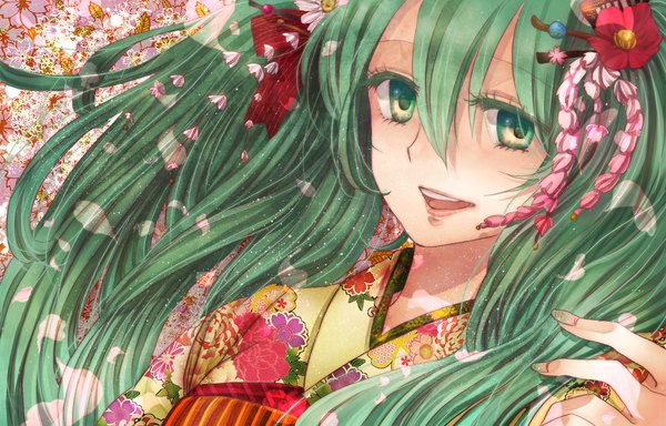 Anime picture 2150x1378 with vocaloid hatsune miku shino (syllable) long hair highres open mouth twintails aqua eyes aqua hair face girl petals