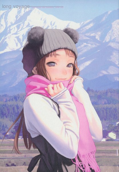 Anime picture 1218x1750 with original range murata single long hair tall image looking at viewer blush smile brown hair sky long sleeves mountain girl plant (plants) tree (trees) scarf forest cap