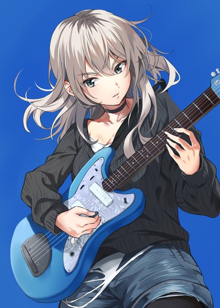 Anime picture 2000x2800 with girls band cry toei animation kawaragi momoka sayuuiede single long hair tall image fringe highres simple background hair between eyes silver hair grey eyes looking down blue background playing instrument girl shorts short shorts musical instrument