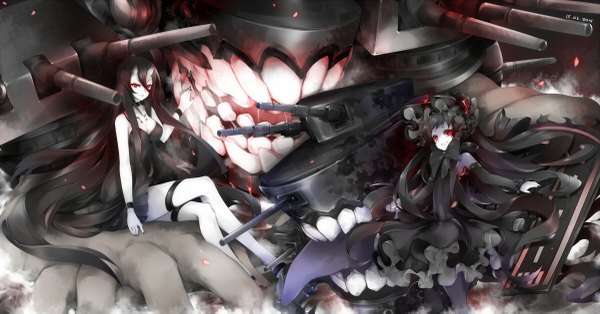 Anime picture 1200x629 with kantai collection battleship-symbiotic hime isolated island hime mymei long hair black hair hair between eyes red eyes wide image multiple girls teeth crossed legs oni horns shinkaisei-kan girl dress weapon 2 girls bonnet monster