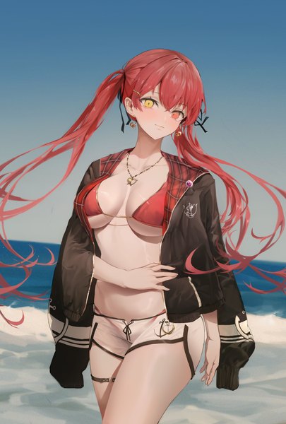 Anime picture 4000x5925 with virtual youtuber hololive houshou marine houshou marine (summer) dingding (chongsangjun) single long hair tall image looking at viewer blush fringe highres breasts light erotic hair between eyes red eyes large breasts standing twintails yellow eyes