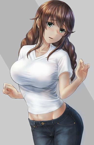 Anime picture 1163x1798 with kantai collection noshiro light cruiser kokuzoo single long hair tall image blush fringe breasts open mouth light erotic simple background hair between eyes brown hair large breasts standing green eyes payot braid (braids) head tilt